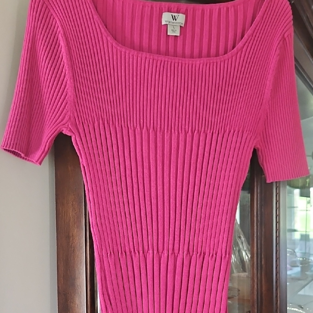 Worthington Ribbed Square-Neck Top in Bright Pink
